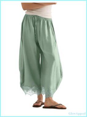 Women's Cropped Wide Leg Pants High Waist Drawstring Lace Hem